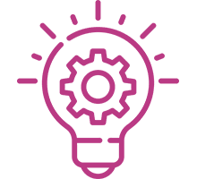 Pink lightbulb with gear on black background.