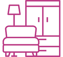 Chair, lamp, and wardrobe icon in pink.