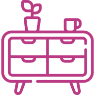 Pink dresser icon with plant and mug.