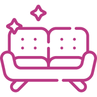 Pink couch icon with decorative sparkles.