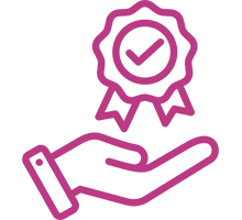 Hand holding a badge with checkmark icon.
