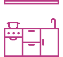 Pink kitchen icon with stove and sink.