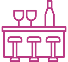 Bar counter with stools and drinks icon.
