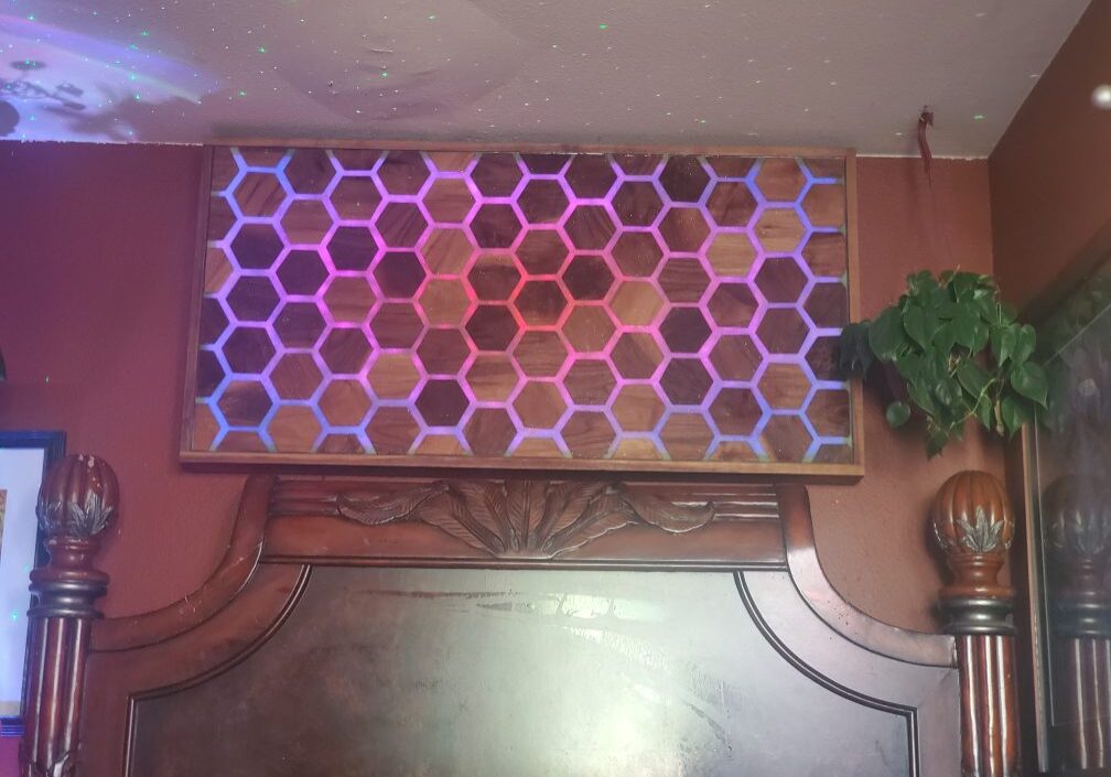 Decorative wall panel with hexagonal light patterns and a green plant.